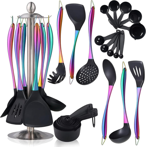 Silicone Cooking Utensils Set, 17Pcs Kitchen Utensil Set with Rotatable Holder, Heat-Resistant Silicone Utensils for Cooking, Non-Stick Spatula Set with Stainless Steel Handle,Turner,Ladle (Rainbow)1