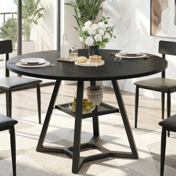 round Dining Table for 4-6 with Storage Shelf, Kitchen & Dining Room Circle Pedestal Table, Heavy Duty Metal Frame & Wood Top5