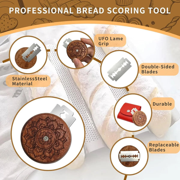 UFO Bread Lame for Sourdough, Wooden Sourdough Scoring Tool with PU Storage Case, 5 Replaceable Blades and Finger Protectors, Bread Scorer for Homemade Bread Baking Gifts7