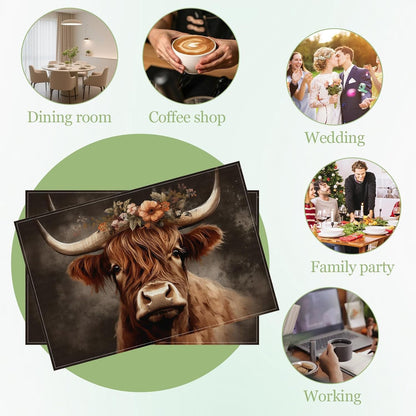 Highland Cow Floral Placemats Set of 6, Washable Heat Resistant Table Mat Animal Linen Place Mats for Party Kitchen Dining Home Decor 12X18 Inch7