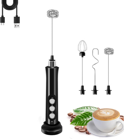 Rechargeable Milk Frother Handheld with 3 Detachable Stainless Steel Whisks, 3 Speed Adjustable Electric Whisk Foam Maker, Handheld Drink Mixer, Frother Wand for Coffee, with Storage and Charging Base1