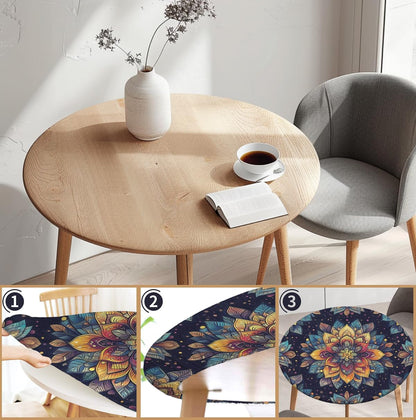 Round Tablecloth Stretch round Fitted Tablecloth with Elastic, Boho Waterproof Table Cloth for 31"-35" round Table, 36Inch3