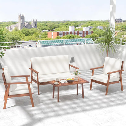 4 Piece Outdoor Conversation Set, Acacia Wood Sofa Set with Soft Seat & Back Cushions, Rectangle Coffee Table Patio Wood Furniture Set for Backyard, Poolside, Garden (1, off White)2