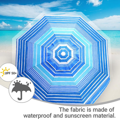 6Ft Beach Umbrella - Heavy Duty Wind Resistant UV 50+ Portable Sun Shade with Sand Anchor & Carry Bag, Outdoor Folding Umbrella for Beach, Pool, Patio, Garden (Blue Stripe) No Tilt the Sand Needs to Exceed the Spiral 6Inch6