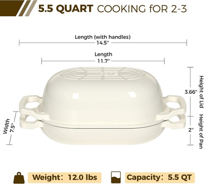 Enameled Cast Iron Dutch Oven Pot with Lid, Oval Bread Oven | Loaf Cast Iron Bread Pan for Homemade Bread Baking, Meatloaf Pan with Lid, 5.5QT, Cream White2