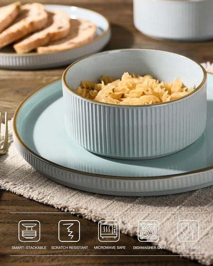 Plates and Bowls Set with Rim, Stoneware Dinnerware Sets for 44