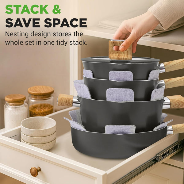 14 Pc Ceramic Cookware Set, Pots and Pans Set Non Stick, Black | Induction Safe, Cool-Touch Handles, Even Heat, Non-Stick Pans and Pots, Dishwasher Safe, Includes Spatula, Ladle, Tong3