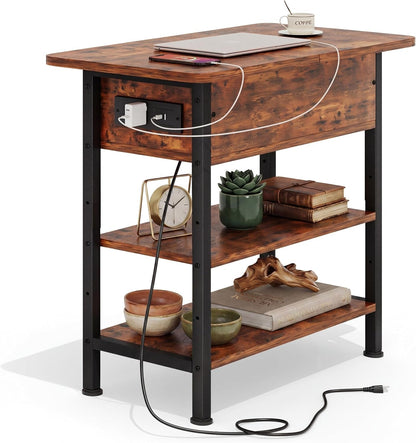 End Table with Charging Station, Flip Top Side Table with USB Ports and Outlets, 3-Tier Small Side Table with Storage for Small Space, End Tables for Living Room/Bedroom, Rustic Brown1