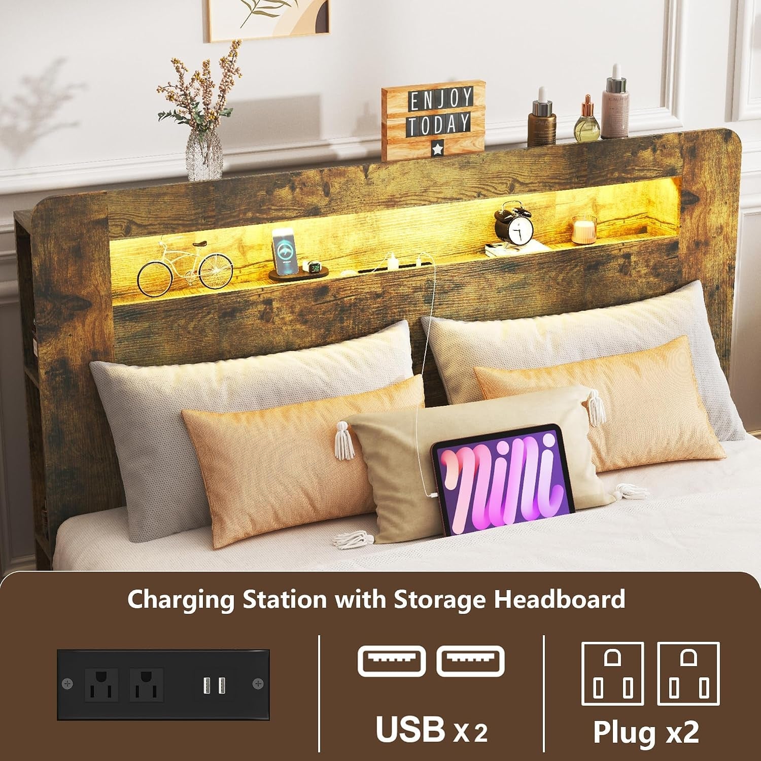 wooden-bed-frame-queen-size-with-storage-headboard-bookcase-shelf