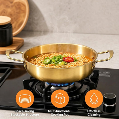 Set of 3 Korean Ramen Noodle Pot with Handles, Stainless Steel Everyday Pan, Golden Korean Cooking Pot for Soup, Noodle, Pasta, Home and Outdoor, Dishwasher Safe, Size 7", 8.7", 9.5"7