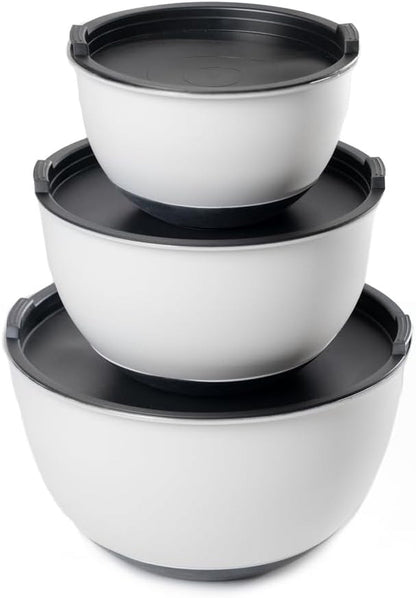 Caldwell Kitchen 3Pc Stainless Steel Mixing Bowls W/ Lids & Measurement Marks – Off-White - Non-Slip Base - Nesting Kitchen Bowl Set1