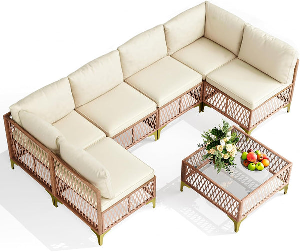 7-Piece Wicker Outdoor Furniture Set, Boho Sectional Sofa Patio Conversation Set with Washable Cushions & Glass Coffee Table, All-Weather Patio Furniture Set for Backyard, Porch, Cream9