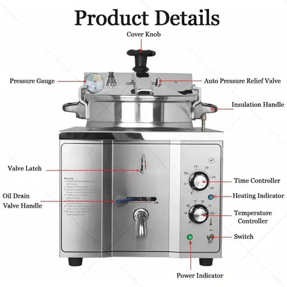 Electric Pressure Fryer, High-Pressure Chicken Fryer with Safety Features, Stainless Steel Countertop Deep Fryer for Crispy Fried Delicacies, Commercial-Grade3