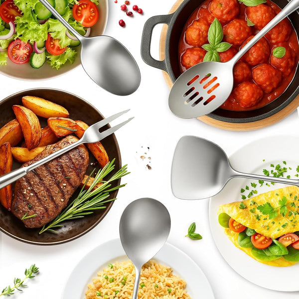 Newness 9 Pcs Cooking Utensils Set, 304 Stainless Steel Kitchen Utensils Set, Metal Kitchen Accessories, Include Soup Ladle, Slotted Skimmer Spoon, Spaghetti Spoon and Spatula, Dishwasher Safe8