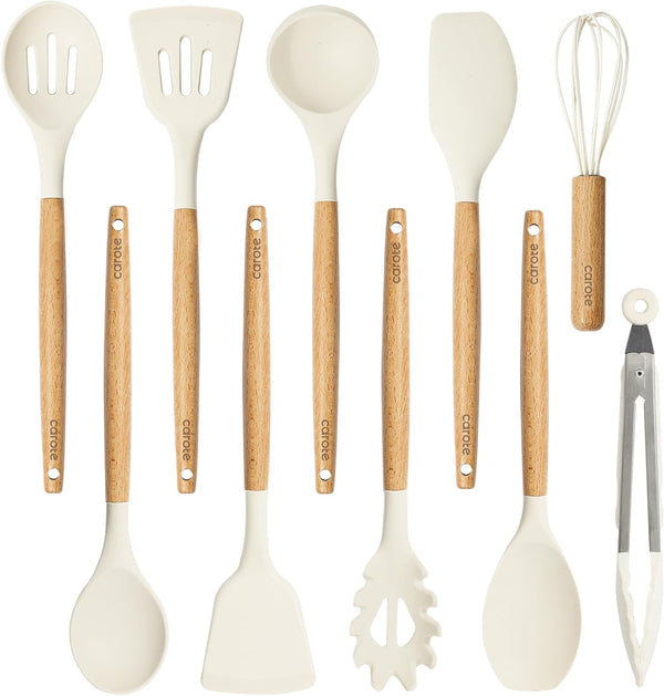 10-Piece Kitchen Utensils Set with Wood Cool-Touch Handles, Cream1