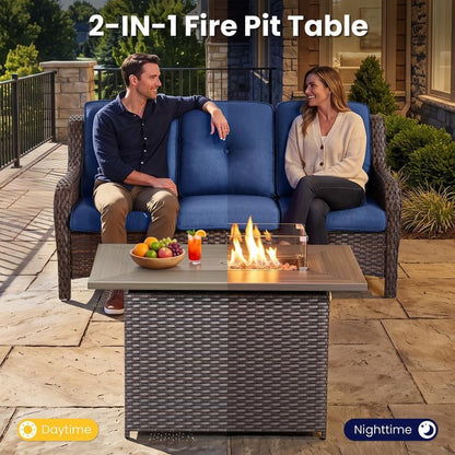 5 Pieces Outdoor Wicker Patio Furniture Set with Fire Pit Blue3