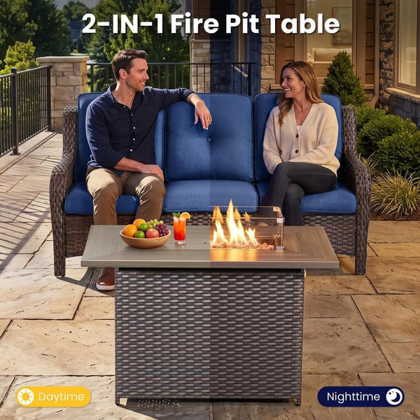 5 Pieces Outdoor Wicker Patio Furniture Set with Fire Pit Blue3