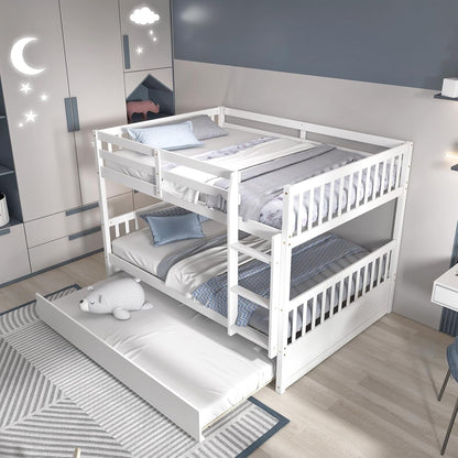 Full over Full Bunk Bed with Trundle, Solid Wood Trundle Bed Frame W/Guardrails and Ladder, Convertible to 2 Beds, Full Size Bunk Beds for Adults Kids Teens, No Box Spring Needed, White1