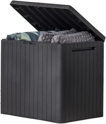 Keter City 30 Gal Outdoor Storage Box and Patio Side Table | Grey, Resin, Compact, Weatherproof, Lockable, Easy Assembly, Organization, Pool Accessories Storage1