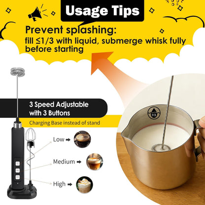 Rechargeable Milk Frother Handheld with 3 Detachable Stainless Whisks, 3 Speed Adjustable Drink Mixer, Mini Frother Wand for Coffee, Matcha, Protein Shakes, with Charging Base and Whisk Storage3