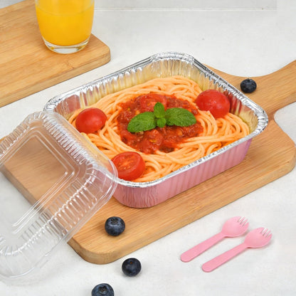 (35-Pack) Pink 8X8 Inch Disposable Aluminum Pans with Plastic Lids,Stickers and Cake Spoons,Square Cake Pans for Parties,Baking Trays,Foil Pans for Holiday Cooking, Parties Meal Prep, Storage2