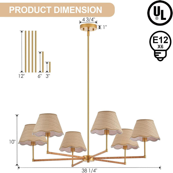 39” Boho Rattan Chandelier 6-Lights Rustic Industrial Pendant Light Large Adjustable Pendant Lighting Fixtures for Kitchen Island Dining Living Room, UL Listed5