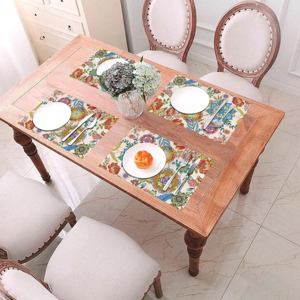 Boho Floral Placemats Set of 4 Linen 12"X18" Colorful Flowers Table Mats for Kitchen Dining Table Holiday Party Heat Resistant Washable Spring Summer Farmhouse Bohemian Mandala Place Mats7