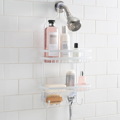 Shower Head Caddy, Suction Cup Backing, 2 Tier Shelving & 6 Accessory Hooks, White (23386-WHITE)3