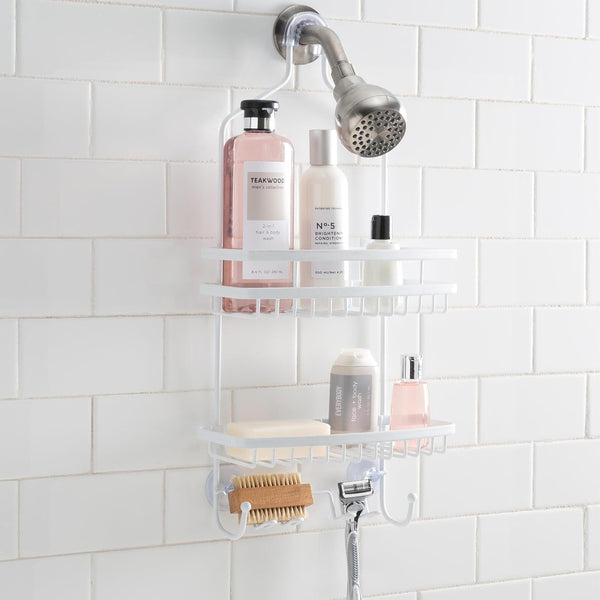 Shower Head Caddy, Suction Cup Backing, 2 Tier Shelving & 6 Accessory Hooks, White (23386-WHITE)3