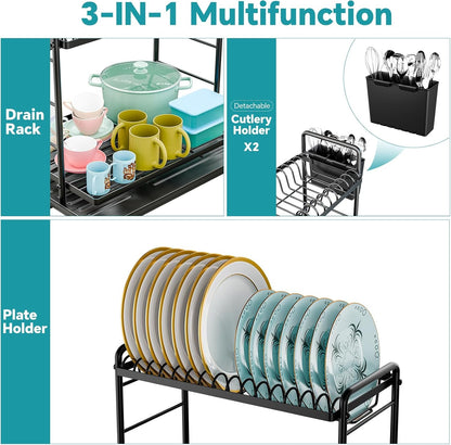 Dish Rack, Dish Drying Rack 2 Tier, Stainless Steel Dish Drainers with Utensil Holder and Drainboard for Kitchen Sink Organizers, 11.875" W X 16.625" D, Black4
