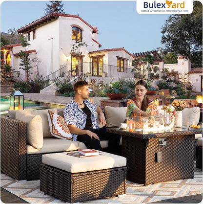 9 Piece Outdoor Patio Set with Fire Pit, Brown & Beige9