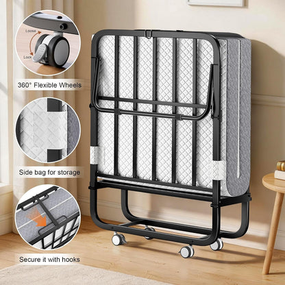 Folding Bed with Memory Foam Mattress, Portable Rollaway Guest Beds on Wheels, 75"X38" Twin Size Space-Saving Cot-Size Bed for Adults with Easy Assembly Metal Frame (White)6