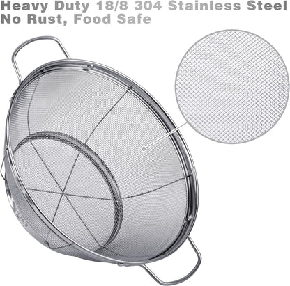 3 Pack 18/8 Stainless Steel Colander Sieves(5-Quart, 4-Quart and 3-Quart), Mesh Strainer Net Baskets with Handles & Resting Base for Strain, Drain, Rinse or Steam2