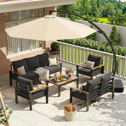 Aluminum Patio Furniture Set with Umbrella 7 Seats, Oversized Outdoor Sectional with Washable Thick Cushions, Coffee Table, Patio Conversation Sets for Porch, Balcony, Deck1
