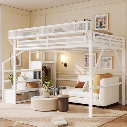 Queen Size Loft Bed with Stairs and Storage, Metal Loft Bed Frame with Bedside Shelf and Large Under-Bed Space, Heavy-Duty Loft Beds for Adults Teens and Kids, Convertible Staircase, White1