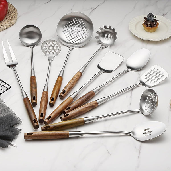 10 Pcs Cooking Utensils Set 304 Stainlss Steel Kitchen Utensils Set Heat Resistant Wooden Handle Kitchen Tools Metal Kitchen Utensil Soup Ladle Set, Dishwasher Safe7