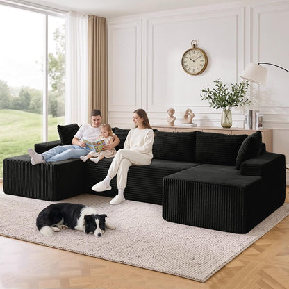 133" Oversized Modular Sectional Sofa, U-Shaped Boneless Couch with Double Chaise, Comfy Corduroy Cloud Couch Sectional, Deep Seat Sectional Couches for Living Room, No Assembly Required, Black2