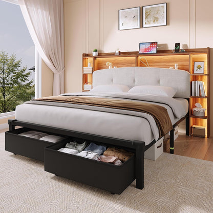 Queen Size Bed Frame with Storage & Upholstered Headboard, 2 Fabric Drawers, Charging Station & RGB LED Lights, Metal Platform Bed, No Box Spring Needed, Rustic Brown1