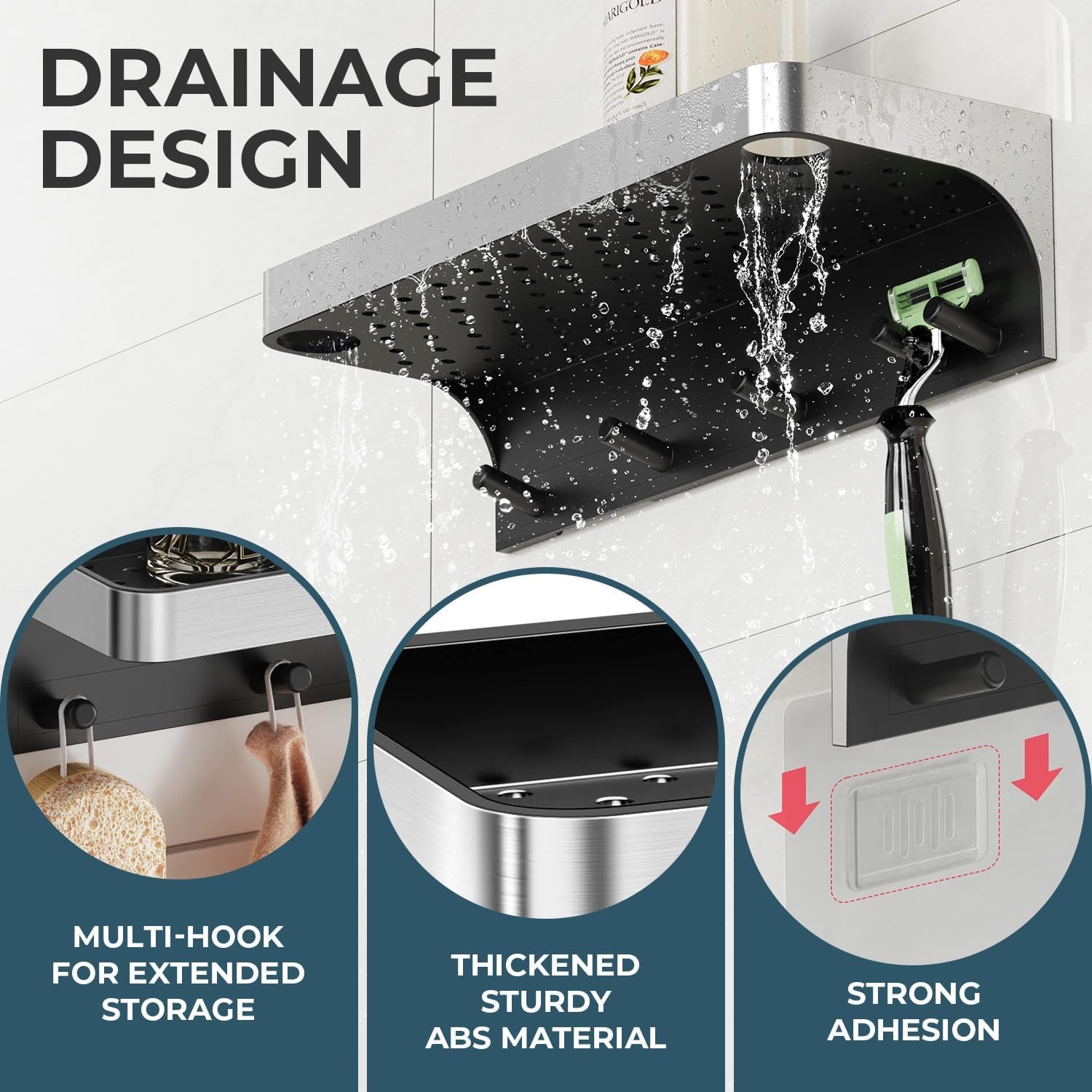 shower-caddy-adhesive-with-5-hooks-drainage-no-drill-silver