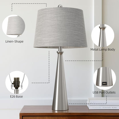 25.75" Modern Table Lamp for Bedroom Set of 2, USB C Port, Silver | Metal Desk Lamp with Gray Linen Shade, Tall Lamps for Living Room, Nightstand, End Tables, Home Office Decor8
