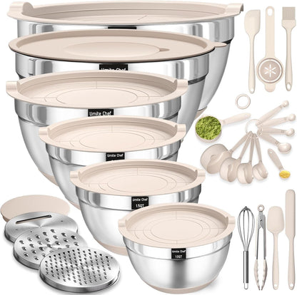 Mixing Bowls with Airtight Lids Set, 26PCS Stainless Steel Khaki Bowls with Grater Attachments, Non-Slip Bottoms & Kitchen Gadgets Set, Size 7, 4, 2.5, 2.0,1.5, 1QT, Great for Mixing & Serving1