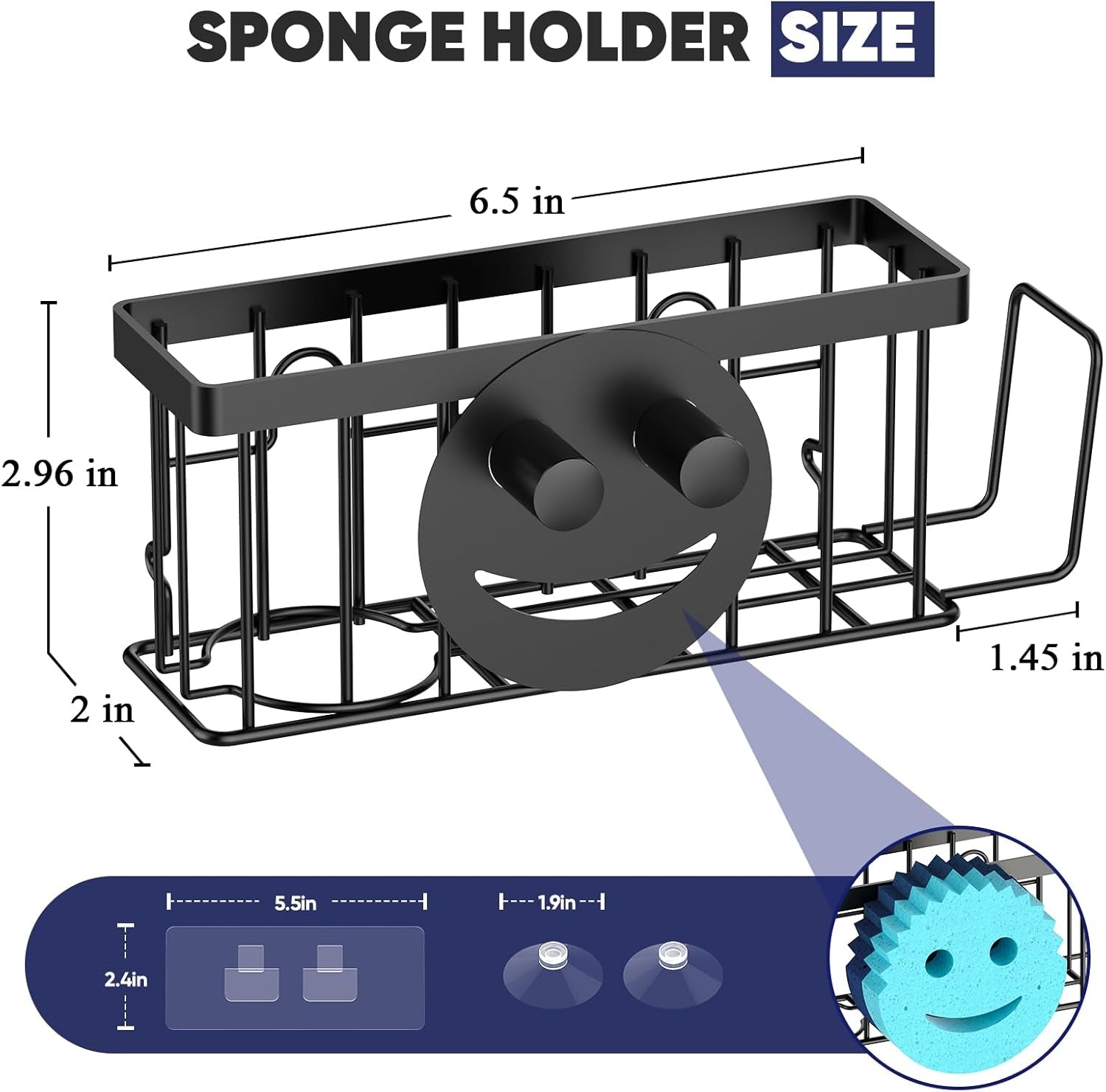 sponge-holder-for-kitchen-sink-sink-caddy-smiley-face-4-in-1-sponge-holder-with-suction-cups-1-pcs-adhesive-strips-for-holding-soap-brush-scrubber-sponge-stopper-black