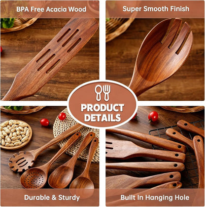 Wooden Spoons for Cooking 11Pcs Natural Acacia Wooden Kitchen Utensil Set, Spatula Spurtles Salad Fork Spoon Set, Non-Stick, Comfortable Grip, as Seen on TV Wooden Cooking Utensils6