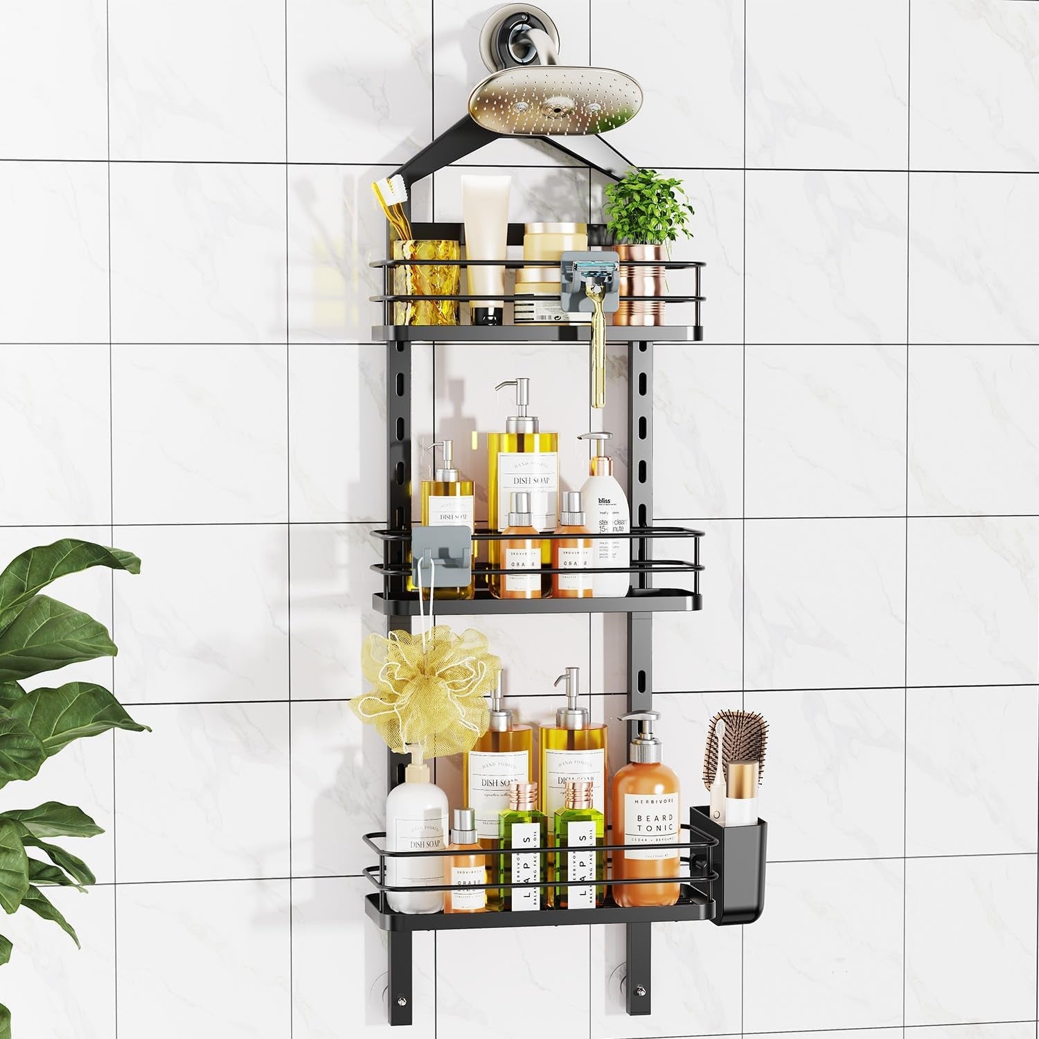3-tier-adjustable-shower-caddy-hanging-over-head-anti-swing-black