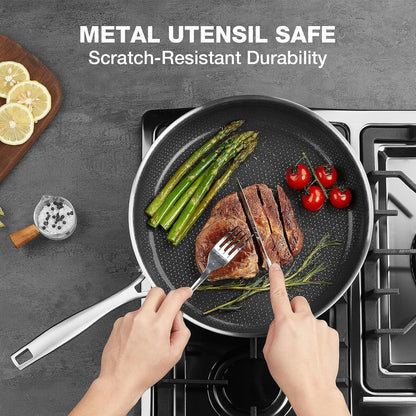 12Inch Frying Pan with Lid Ceramic Nonstick Stainless Steel Skillet | 5-Ply Stainless Steel;Ceramic Nonstick for Metal Utensils;Oven Safe 500°F;PFAS PFOA Free;Cool-Touch Handle;All Stovetops5
