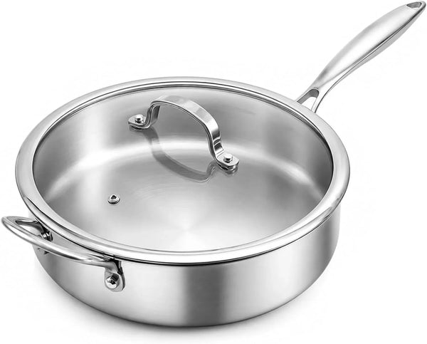 11 Inch Tri-Ply Stainless Steel Saute Pan with Glass Lid, 4.7 QT Deep Skillet for 3–4 Servings, 18/10 304 Interior, Induction Compatible, Oven & Dishwasher Safe1