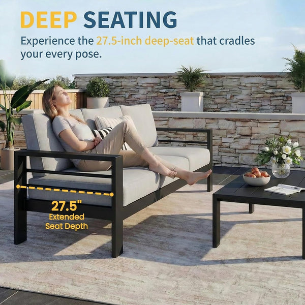 Aluminum Patio Furniture Set for All Weather, Oversized Metal Outdoor Furniture Set with 27.5" Deep Seating and 3.2" Wide Armrest, Patio Conversation Set with 5" Cushion, Black and Grey4