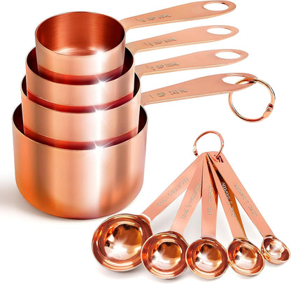 Measuring Cups and Spoons Set of 9, Utensils for Dry and Liquid Ingredients, Copper Kitchen Accessories, Rose Copper Decor for Home, Stackable, Sturdy Stainless Steel1