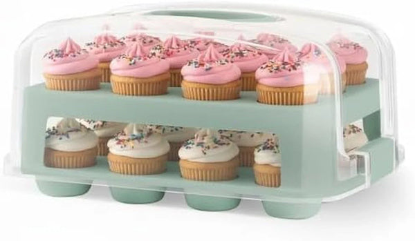 EXTRA TALL DOME 24 Cupcake Carrier, Green Cupcake Holder Carries 24 Cupcake Storage Container, Muffin Traveler Two Tier Stand Reusable Cupcake Box1