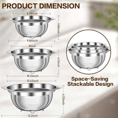 Stainless Steel Colander for Kitchen, Stainless Steel Strainer, Pasta Strainer for Spaghetti Fruit Cooking Food, 3 Pcs Strainers and Colanders(2Qt, 3QT, 5QT), Dishwasher Safe, Kitchen Present2
